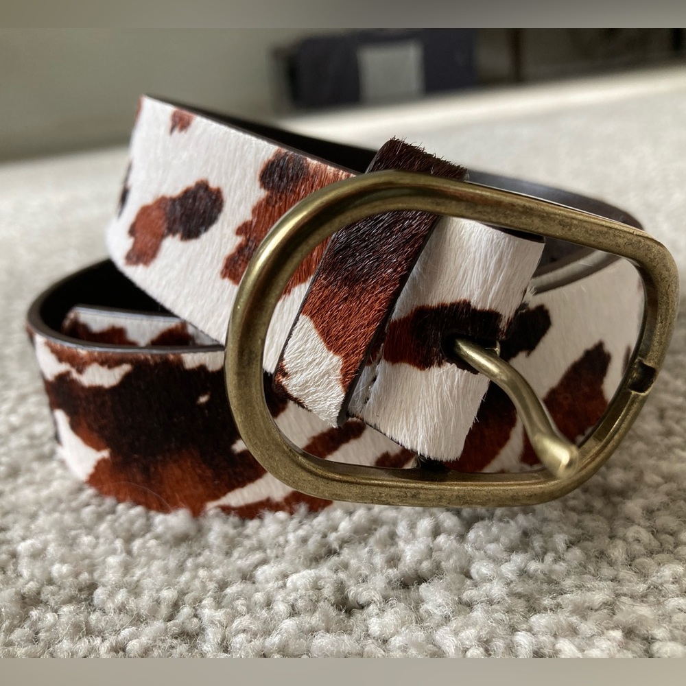 Women’s size small / Anthropologie brown & white cow fur leather belt 38”
